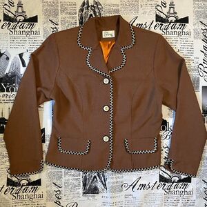 Fiona Italy Women's Brown woven silk blazer vintage 80s 70s workwear formal